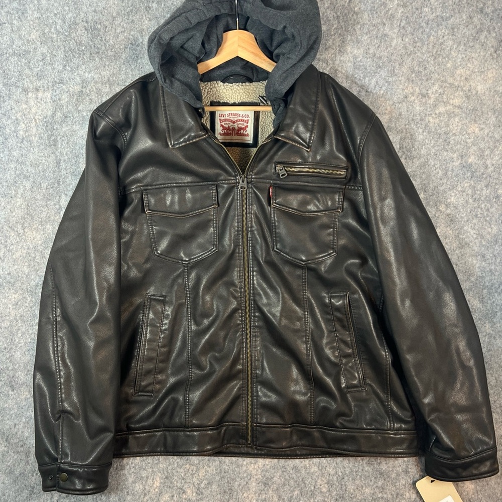 Levi's Mens Faux Leather Hooded Midweight Jacket Mens 2XL NEW dark brown